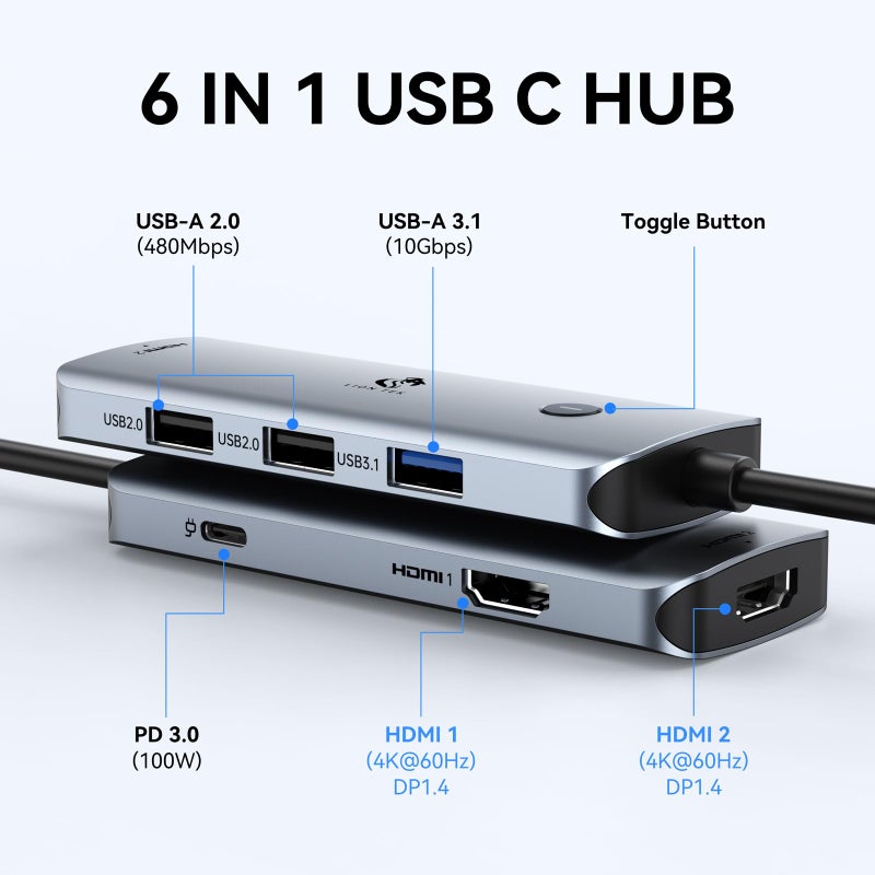 LIONWEI محطة إرساء USB C لشاشتين مزدوجتين، محور USB C لابتوب LIONWEI، محول متعدد المنافذ USB C مع 2 HDMI 4K، 3 USB-A/3.0/2.0، 100 واط توصيل طاقة، 6 في 1 دونجل USB لجهاز MacBook/Surface/Lenovo/Dell/HP - Image 2