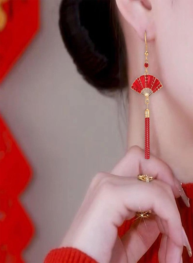 أقراط YUNXI حمراء بشرابة على شكل مروحة صينية للنساء، أقراط متدلية عتيقة مرصعة بأحجار الراين، مصنوعة يدوياً، مجوهرات بوهيمية عرقية لحفلات الزفاف (أقراط) - Image 3