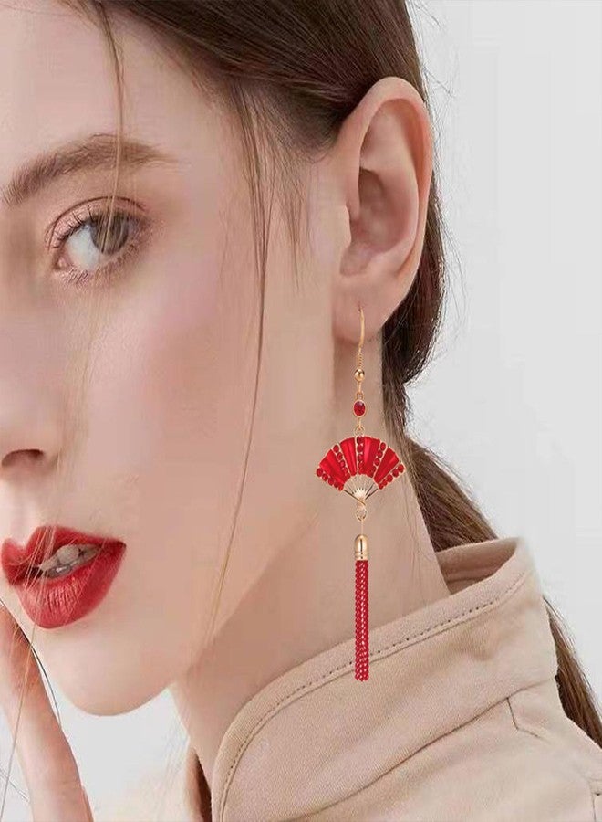 أقراط YUNXI حمراء بشرابة على شكل مروحة صينية للنساء، أقراط متدلية عتيقة مرصعة بأحجار الراين، مصنوعة يدوياً، مجوهرات بوهيمية عرقية لحفلات الزفاف (أقراط) - Image 2