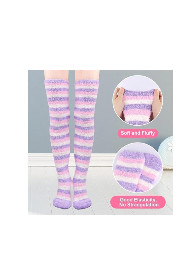 KASTWAVE Womens Thigh High Fuzzy Socks Over Knee High Long Striped Stocking Fluffy Cozy Slipper Fleece Gift Socks 2 Pairs - Image 4