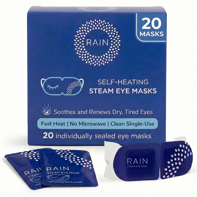 Rain Self Heating Steam Eye Mask for Dry Eyes - Warming Eye Compress with Moist Heat Therapy - Disposable Hot Compress Relief for Stye Treatment, Eye Fatigue & Dry Eye Relief (20 Masks) - Image 1