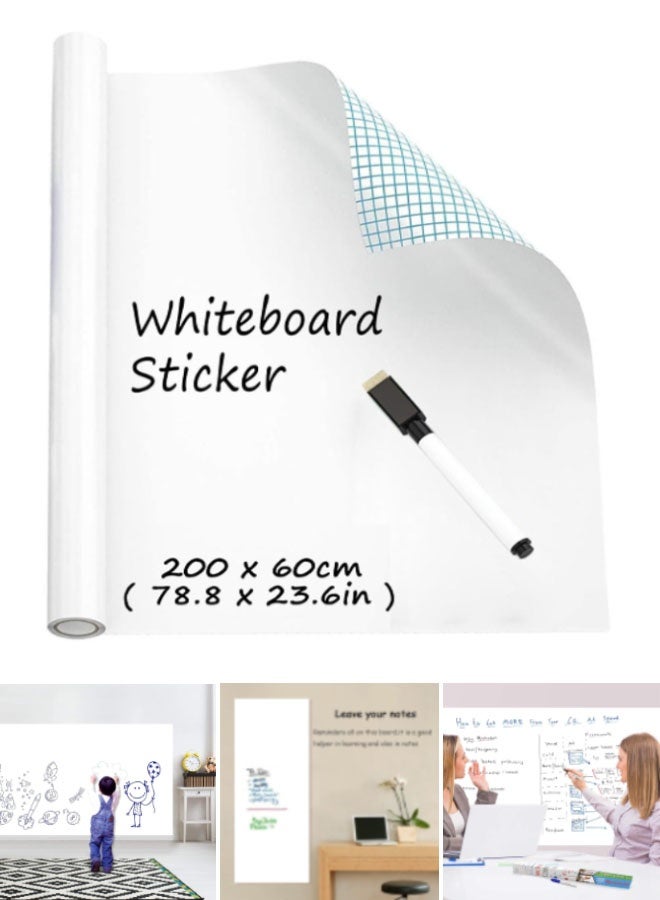 ملصق لوح أبيض ذاتي اللصق، 60 × 200 سم بدون ظلال، لفة لوح أبيض قابل للمسح الجاف، ورق لوح أبيض ذاتي اللصق مقاوم للبقع للاستخدام المنزلي والمكتبي والصفوف الدراسية - Image 1