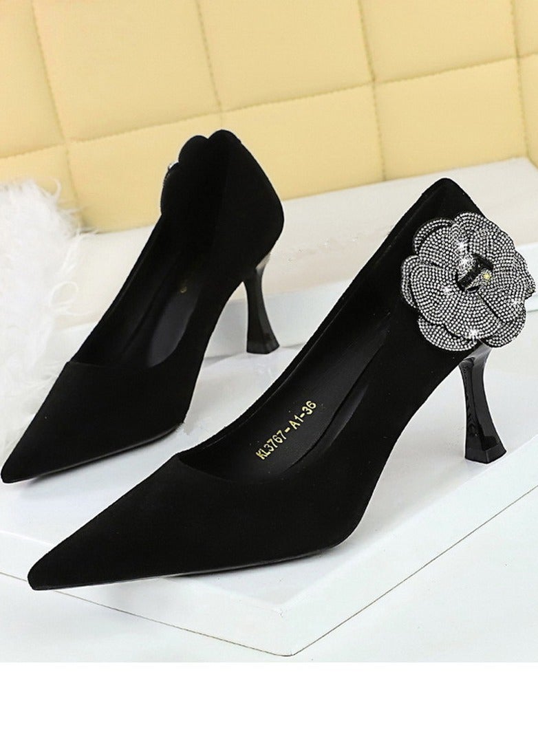 BIGTREE Women's Rhinestone Floral Decoration Party Stiletto Pumps Suede Pointed Closed Toe High Heels Black 7CM - Image 1