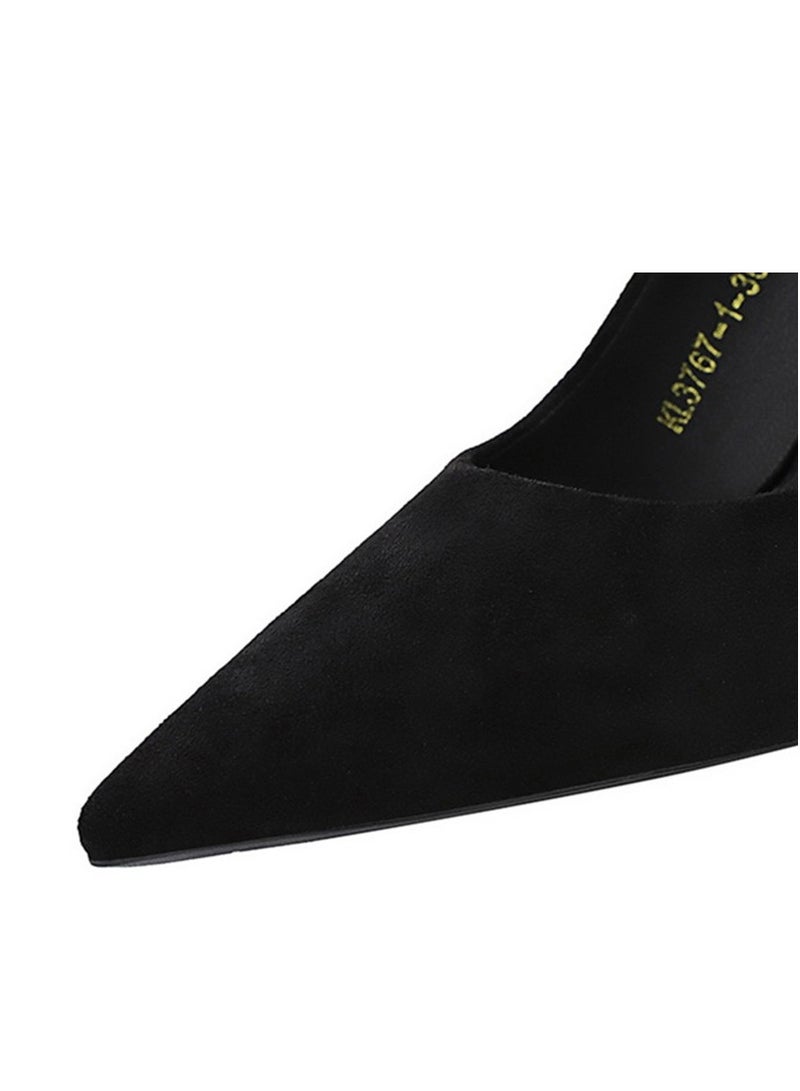 BIGTREE Women's Rhinestone Floral Decoration Party Stiletto Pumps Suede Pointed Closed Toe High Heels Black 7CM - Image 2