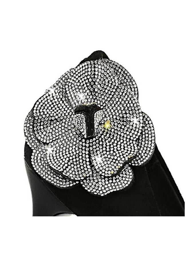 BIGTREE Women's Rhinestone Floral Decoration Party Stiletto Pumps Suede Pointed Closed Toe High Heels Black 7CM - Image 3