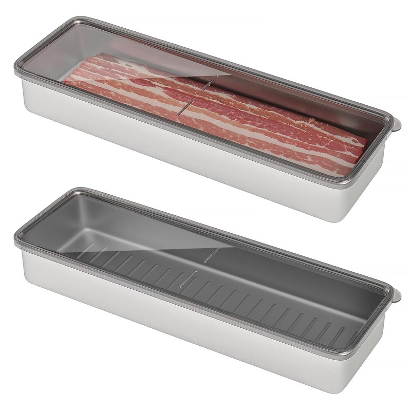 Freshmage Bacon Container for Refrigerator 1 Pack 304 Stainless Steel Airtight Deli Meat Storage Container for Fridge Dishwasher Safe Long Kitchen Food Storage Containers with Lids with Elevated Base