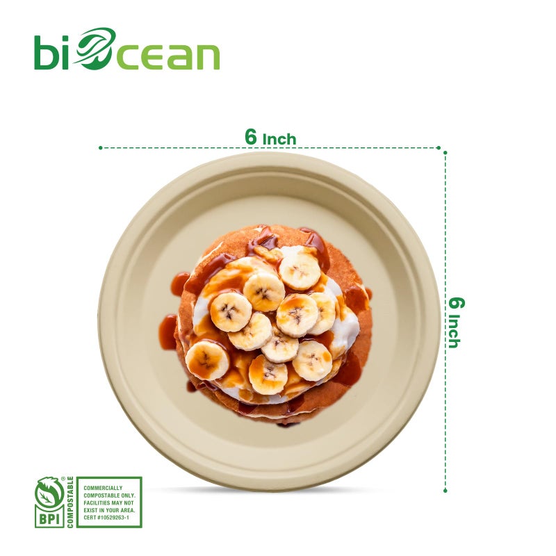 biocean 6 Inch Compostable Plates 100 Pack Heavy Duty Compostable Paper Plate  Disposable Eco-Friendly Sugarcane Bagasse Plate  Natural Brown Plates for Dinner  Dessert  and Weddings - Image 4