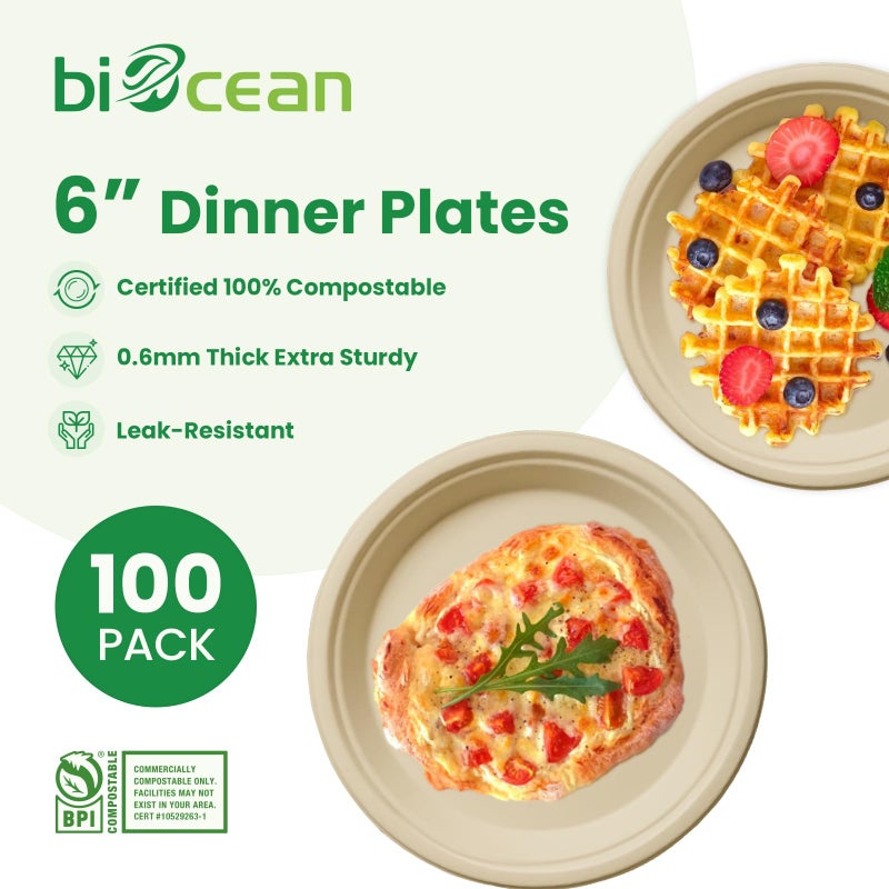 biocean 6 Inch Compostable Plates 100 Pack Heavy Duty Compostable Paper Plate  Disposable Eco-Friendly Sugarcane Bagasse Plate  Natural Brown Plates for Dinner  Dessert  and Weddings - Image 1