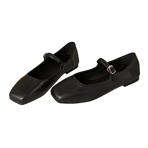 Stunner Women's Mary Jane Flats Fashion Square Toe Soft Ballet Flats Comfort Leather Office Driving Flats Black 41(9) - Image 1