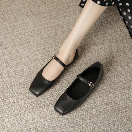 Stunner Women's Mary Jane Flats Fashion Square Toe Soft Ballet Flats Comfort Leather Office Driving Flats Black 41(9) - Image 3