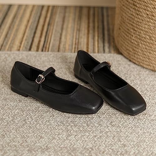 Stunner Women's Mary Jane Flats Fashion Square Toe Soft Ballet Flats Comfort Leather Office Driving Flats Black 41(9) - Image 2