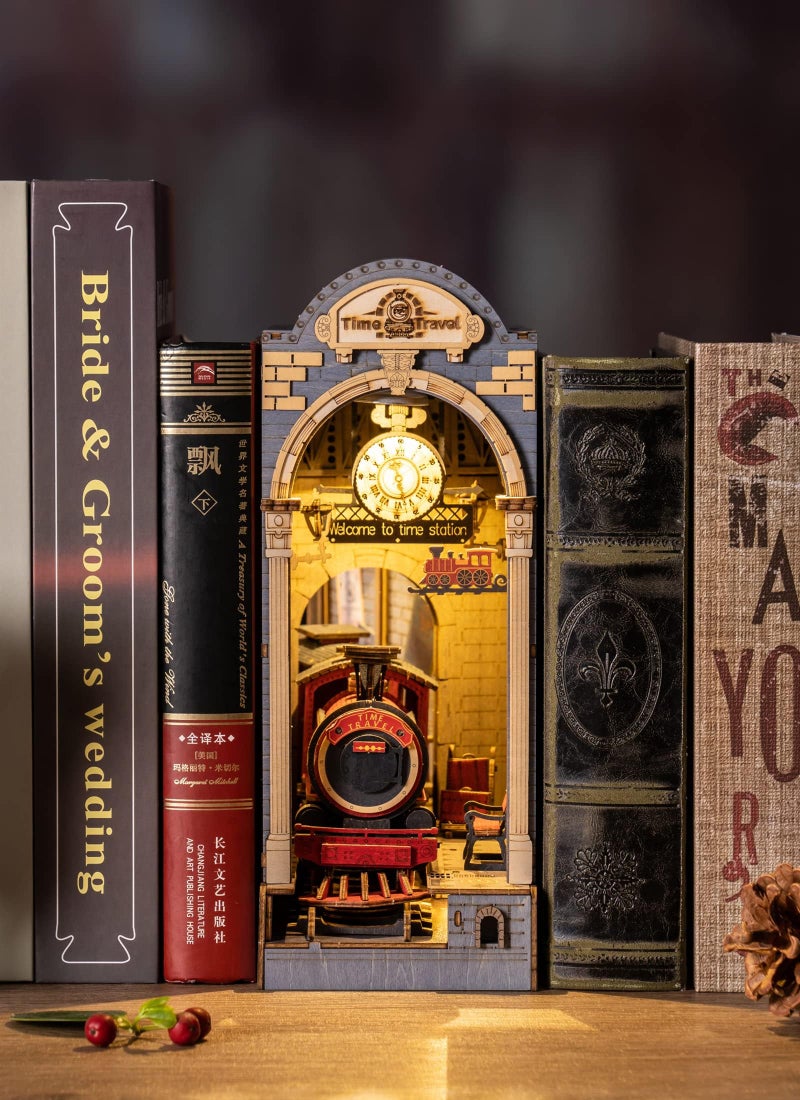 ROBOTIME DIY Book Nook Kit Insert Bookcase Book Stand 3D Wooden Puzzle DIY Miniature House Wood Bookend Book Nook Model Building Kit with LED Light Booknook Decoration (Time Travel) - Image 4