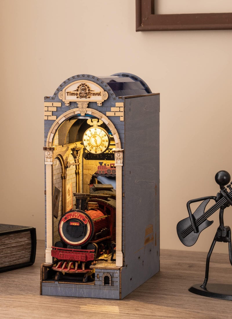 ROBOTIME DIY Book Nook Kit Insert Bookcase Book Stand 3D Wooden Puzzle DIY Miniature House Wood Bookend Book Nook Model Building Kit with LED Light Booknook Decoration (Time Travel) - Image 5