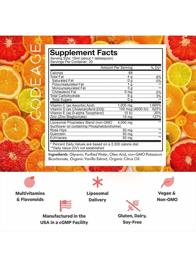 Codeage فيتامين سي السائل 1000 ملغ، فيتامينات د3، هـ وزنك، وردة الورد، كيرسيتين، إشنسا، مكمل فيتامين سي النباتي الليبوزومي، غير معدّل وراثيًا، 16 أونصة سائلة - Image 2