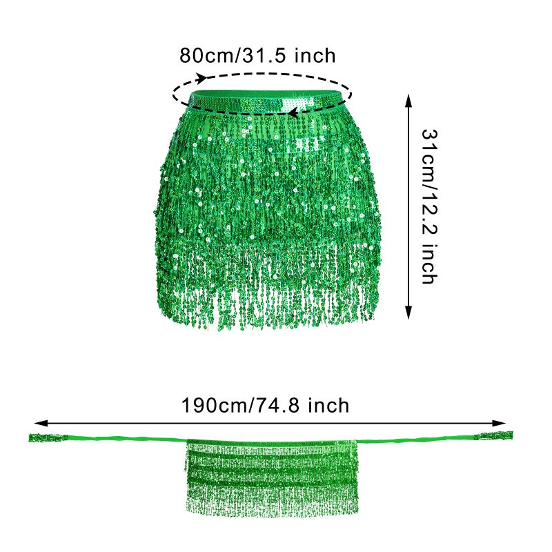 SUMERSHA Belly Dance Hip Scarf Sequin Tassel Skirt Performance Outfits Sparkly Fringe Wrap Halloween Costume Party Rave Festival Skirt for Women and Girls, Green - Image 4
