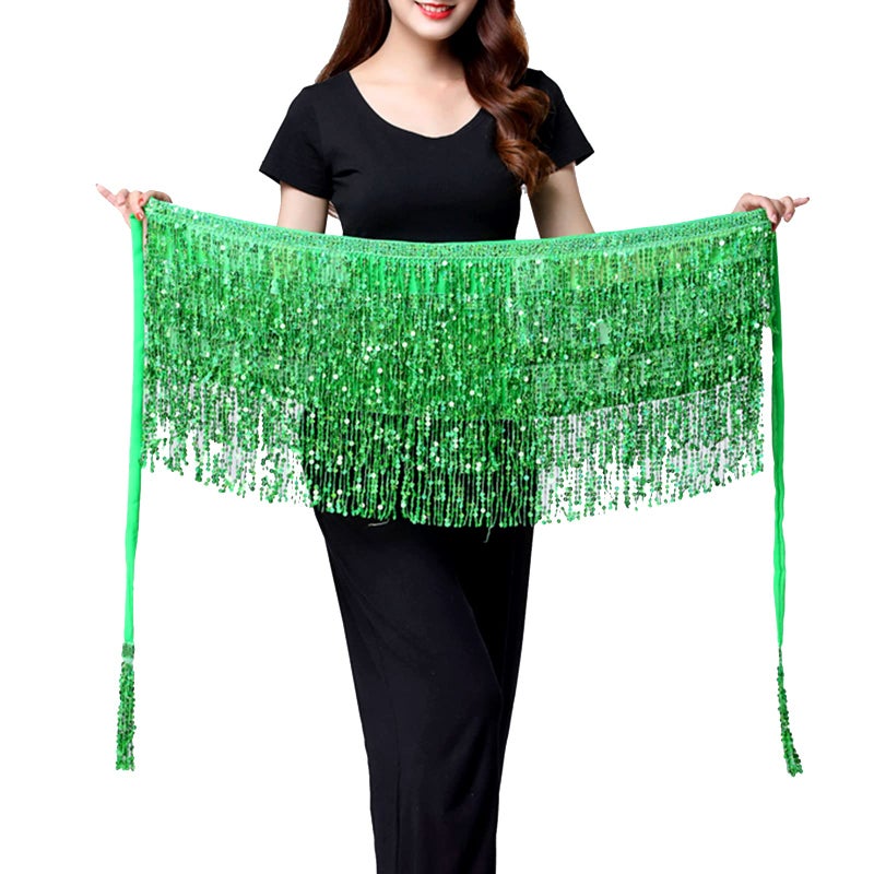 SUMERSHA Belly Dance Hip Scarf Sequin Tassel Skirt Performance Outfits Sparkly Fringe Wrap Halloween Costume Party Rave Festival Skirt for Women and Girls, Green - Image 2
