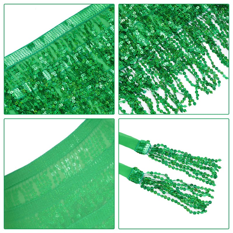 SUMERSHA Belly Dance Hip Scarf Sequin Tassel Skirt Performance Outfits Sparkly Fringe Wrap Halloween Costume Party Rave Festival Skirt for Women and Girls, Green - Image 5