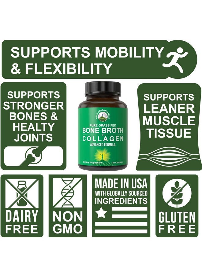 Peak Performance Bone Broth Collagen Capsules. 180 Pills of Grass Fed Bone Broth Collagen Protein Peptides. Contains All 3 Types 1, 2, and 3. Pure Pasture Raised Paleo Friendly Tablets for Women and Men  - Image 1