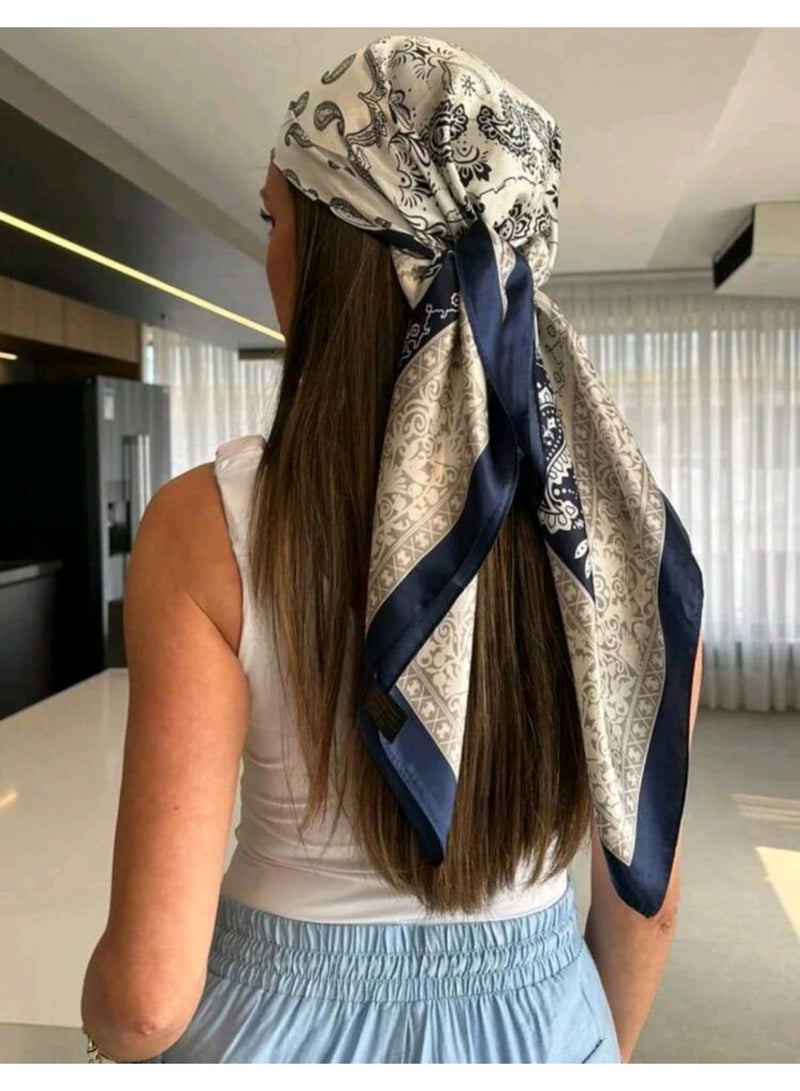 شي إن وشاح نسائي أزرق وأبيض بنقشة بيزلي، قطعة واحدة، وشاح رأس/وشاح رقبة ناعم الملمس من الساتان. - Image 1