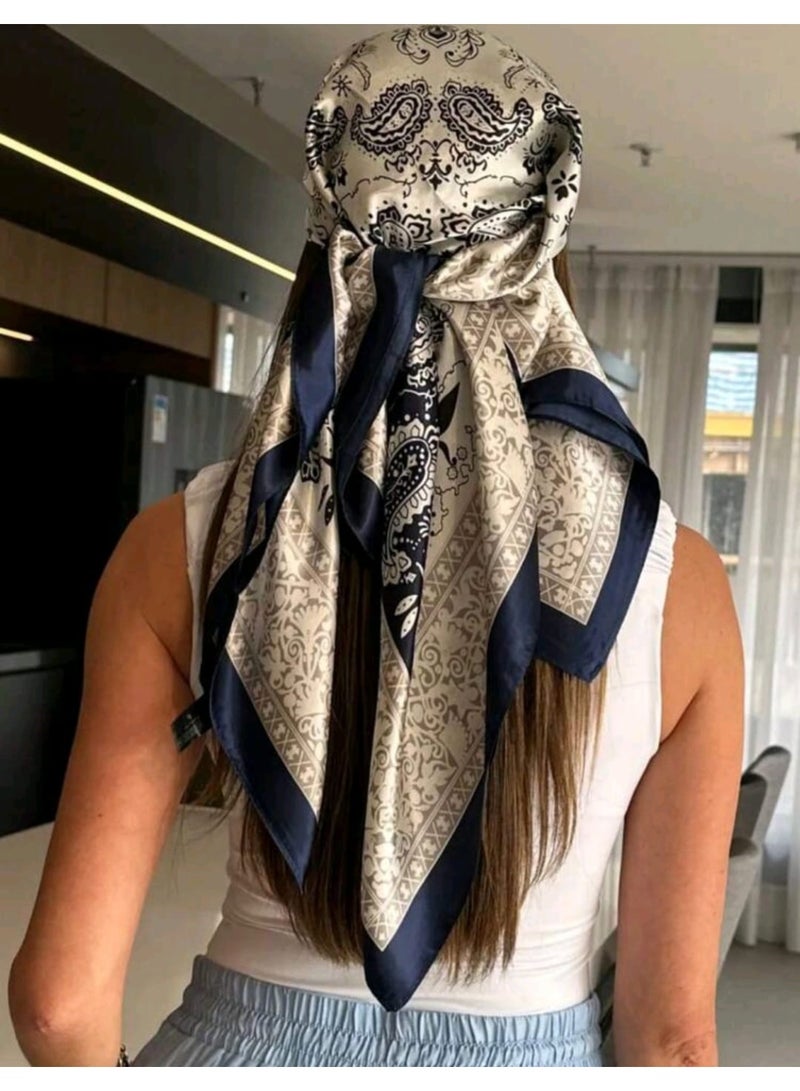 شي إن وشاح نسائي أزرق وأبيض بنقشة بيزلي، قطعة واحدة، وشاح رأس/وشاح رقبة ناعم الملمس من الساتان. - Image 2