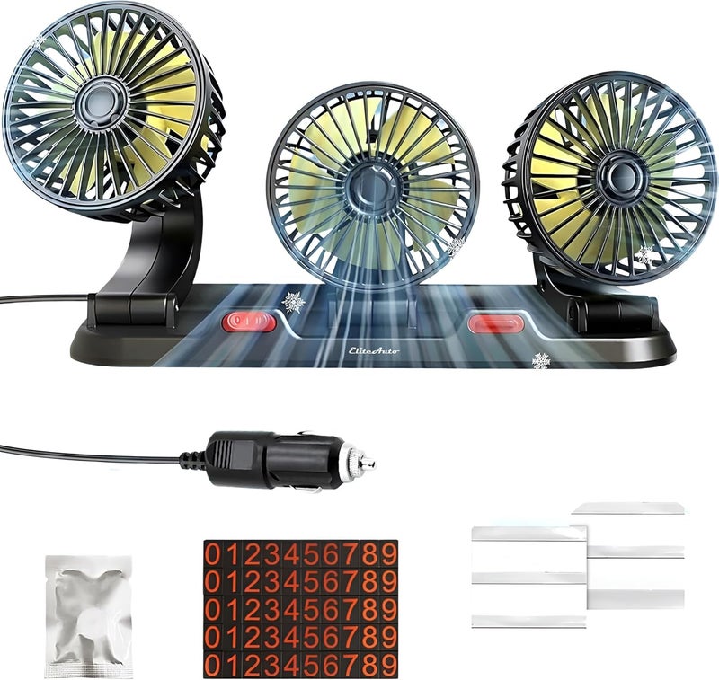 EliteAuto 12V DC High Speed Low Noise Telescopic Adjustment Car Fan for Dashboard 360 Degree Rotatable Triple Head Powerfull 2 Speed Turbine Shape Cooling Air Fan (Copper Motor) - Image 1