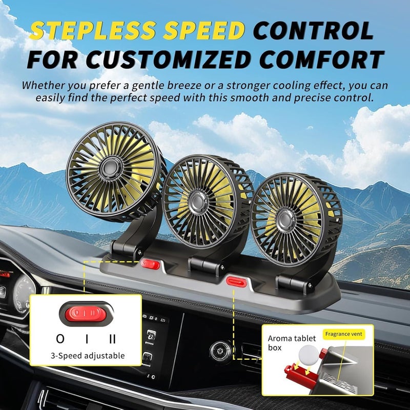 EliteAuto 12V DC High Speed Low Noise Telescopic Adjustment Car Fan for Dashboard 360 Degree Rotatable Triple Head Powerfull 2 Speed Turbine Shape Cooling Air Fan (Copper Motor) - Image 5