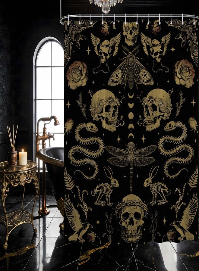 dueeia Skull Shower Curtain Dark Gothic Flower Skeleton Bat Shower Curtains for Horror Witchy Bathroom Decor, Waterproof Fabric 70 x 72 inch with Hooks - Image 1