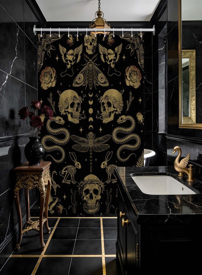 dueeia Skull Shower Curtain Dark Gothic Flower Skeleton Bat Shower Curtains for Horror Witchy Bathroom Decor, Waterproof Fabric 70 x 72 inch with Hooks - Image 3