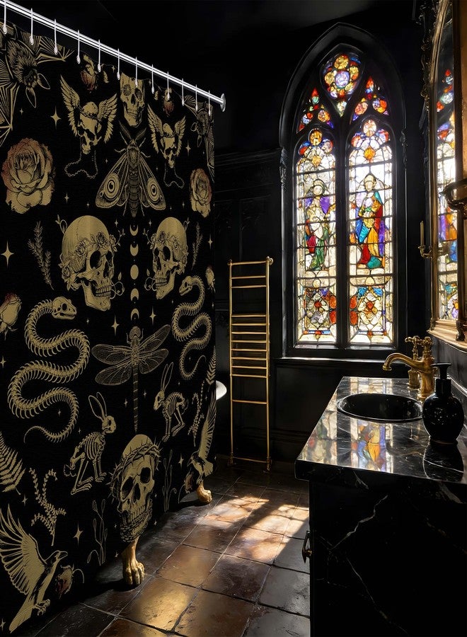 dueeia Skull Shower Curtain Dark Gothic Flower Skeleton Bat Shower Curtains for Horror Witchy Bathroom Decor, Waterproof Fabric 70 x 72 inch with Hooks - Image 2