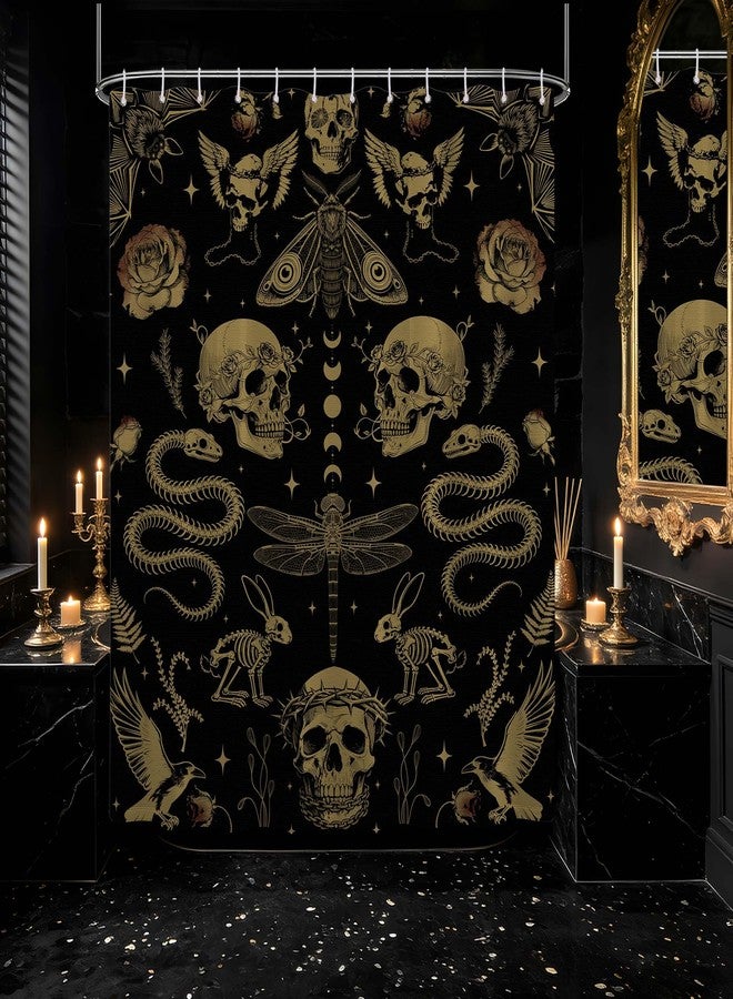 dueeia Skull Shower Curtain Dark Gothic Flower Skeleton Bat Shower Curtains for Horror Witchy Bathroom Decor, Waterproof Fabric 70 x 72 inch with Hooks - Image 4