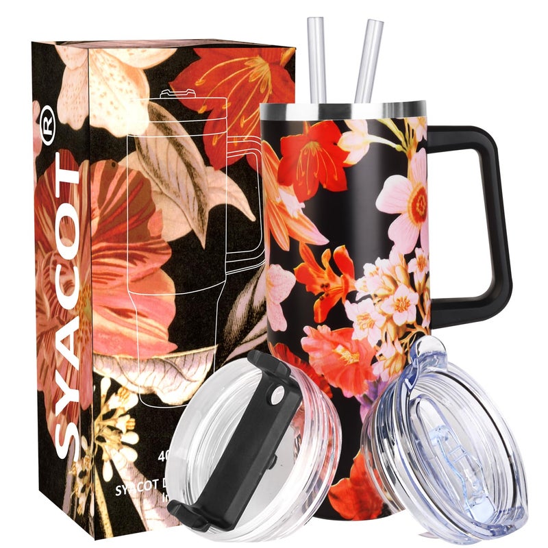 SYACOT 40 oz Tumbler with Handle and Straw Stainless Steel Insulated Tumbler Leak Proof Lid and Straw Lid Reusable Travel Mug Coffee Mug Cup Dishwasher Safe Keep Drinks Cold and Hot Jasmine