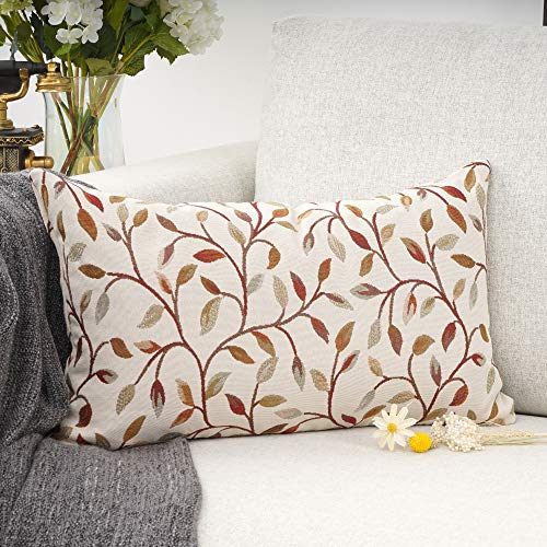 YOUR SMILE Farmhouse Oblong Rectangle Floral Chenille Embroidery Decorative Throw Pillow Case Cushion Cover Lumbar Pillowcase for Sofa 12 x 20 Inch, Brown Leaves - Image 2