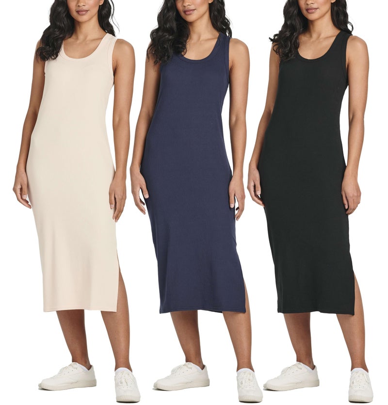 REALESSENTIALS Real Essentials 3 Pack: Women's Ribbed Knit Sleeveless Crew Neck Tank Casual Midi Shift Dress with Slit - Image 1