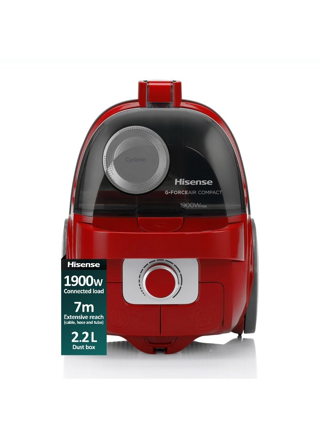 2.2L 1900 Watts Vacuum Cleaner, Cyclonic Power, Double HEPA Filtration, Compact Size, Soft Start, 2 in 1 Nozzle (HVC1901GACRCY Red & Black) 1900 W HVC1901GACRCY red & black