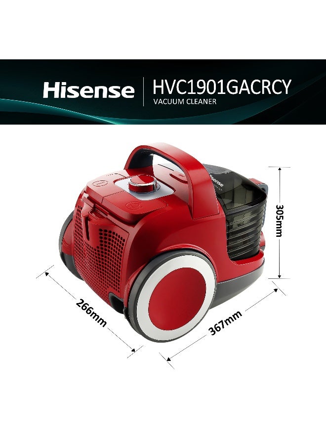 Hisense 2.2L 1900 Watts Vacuum Cleaner, Cyclonic Power, Double HEPA Filtration, Compact Size, Soft Start, 2 in 1 Nozzle (HVC1901GACRCY Red & Black) 1900 W HVC1901GACRCY red & black - Image 2