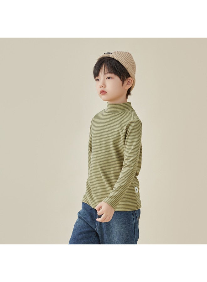 Half-zip Base Layer, Autumn And Winter Style Children's Two-tone Striped Warm T-shirt, Mid To Large Kids' Brushed Fleece Long Sleeve Thermal Shirt - Image 3