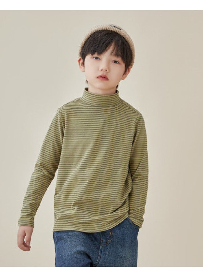 Half-zip Base Layer, Autumn And Winter Style Children's Two-tone Striped Warm T-shirt, Mid To Large Kids' Brushed Fleece Long Sleeve Thermal Shirt - Image 1