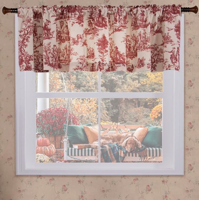 RED AND CREAM BEIGE VALANCE CURTAINS FOR KITCHEN WINDOWSCOUNTRY FARMHOUSE STYLE VINTAGE TOILE DE JOUY PRINTED PATTERN ON WHITE COTTON FABRIC FLORAL VALANCES FOR LIVING ROOM BEDROOM18 INCH LENGTH