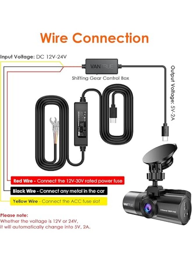 Vantrue 11.5ft Type C USB 12V 24V to 5V Dash Cam Hardwire Kit with Add a Circuit Fuses, Low Voltage Protection for N4, N4 Pro, N5,E1,E1 Lite,E2,E3,S1 Pro, N1 Pro(2023) - Image 4