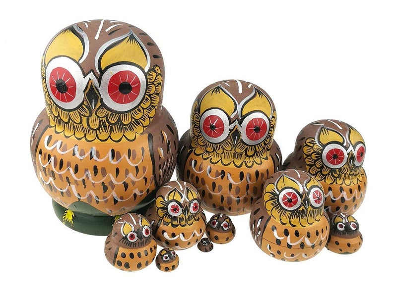Unigift Set of 10 Cartoon Brown Owl Handmade Wooden Russian Nesting Dolls Matryoshka Dolls for Birthday Christmas New Year Gift Home Decoration Kids Toy - Image 2