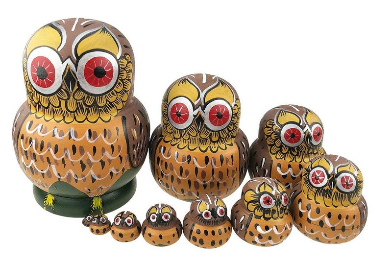 Unigift Set of 10 Cartoon Brown Owl Handmade Wooden Russian Nesting Dolls Matryoshka Dolls for Birthday Christmas New Year Gift Home Decoration Kids Toy - Image 1