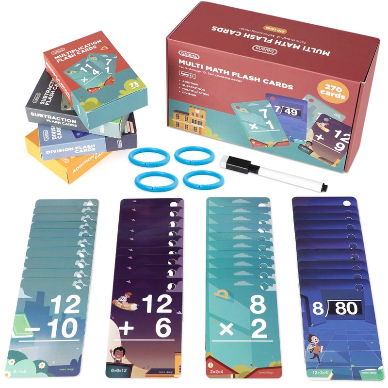 beiens Multi Math Flash Cards, 270 Addition, Subtraction, Multiplication, Division Cards, All Facts 0-12 with 1 Erase Pen 4 Rings, Math Games Set for Kids Age 6+ 3rd 4th 5th 6th Grade - Image 1