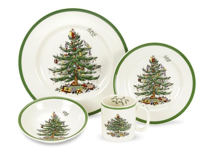 Spode Christmas Tree 4-Piece Dinnerware Setting - Fine Earthenware Holiday Tableware - Dishwasher & Microwave Safe, Festive Christmas Plates, Bowls, Mug - Holiday Dining Essentials - Image 1