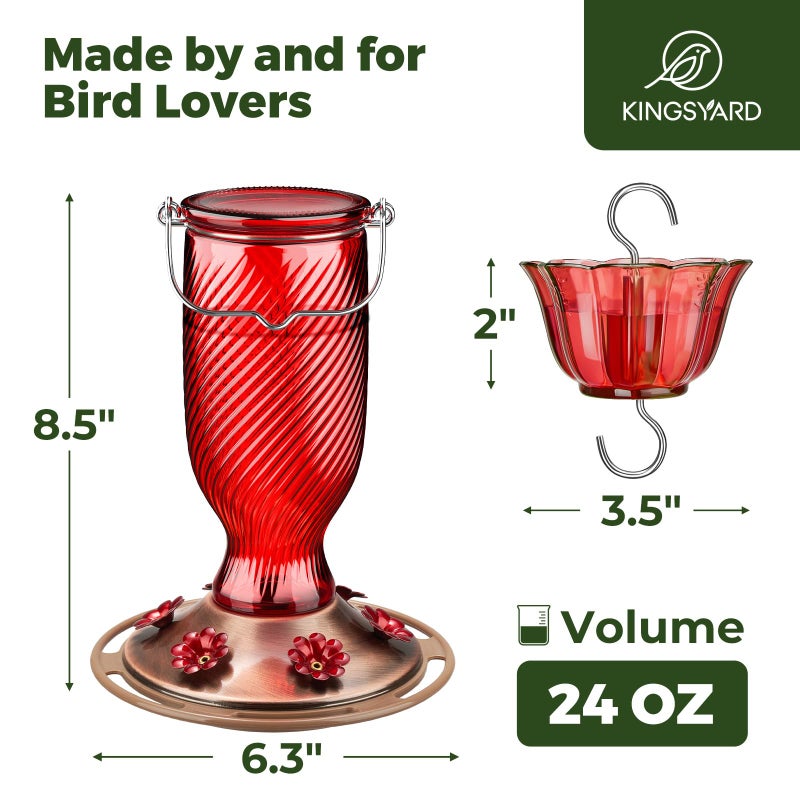 Kingsyard Glass Hummingbird Feeders for Outdoors, 24 oz Hummingbird Nectar Feeder for Garden Decorations with 6 Feeding Ports, Ant Moat Included, Gifts for Women Mom, Easy to Clean & Refill, Red - Image 2