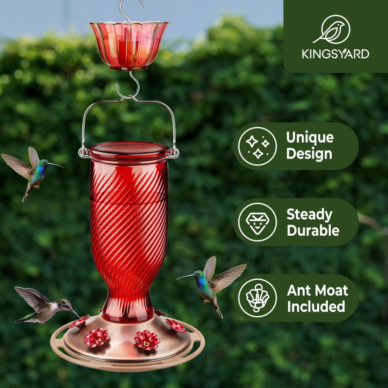 Kingsyard Glass Hummingbird Feeders for Outdoors, 24 oz Hummingbird Nectar Feeder for Garden Decorations with 6 Feeding Ports, Ant Moat Included, Gifts for Women Mom, Easy to Clean & Refill, Red - Image 3