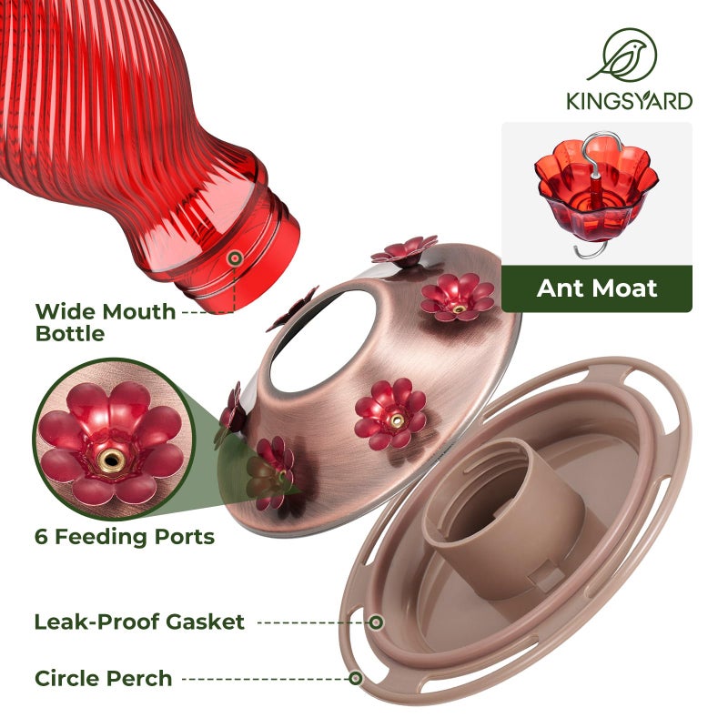 Kingsyard Glass Hummingbird Feeders for Outdoors, 24 oz Hummingbird Nectar Feeder for Garden Decorations with 6 Feeding Ports, Ant Moat Included, Gifts for Women Mom, Easy to Clean & Refill, Red - Image 5