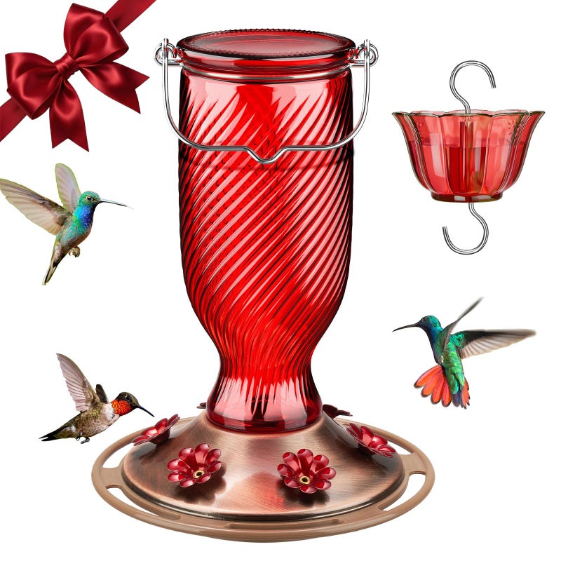 Kingsyard Glass Hummingbird Feeders for Outdoors, 24 oz Hummingbird Nectar Feeder for Garden Decorations with 6 Feeding Ports, Ant Moat Included, Gifts for Women Mom, Easy to Clean & Refill, Red - Image 1