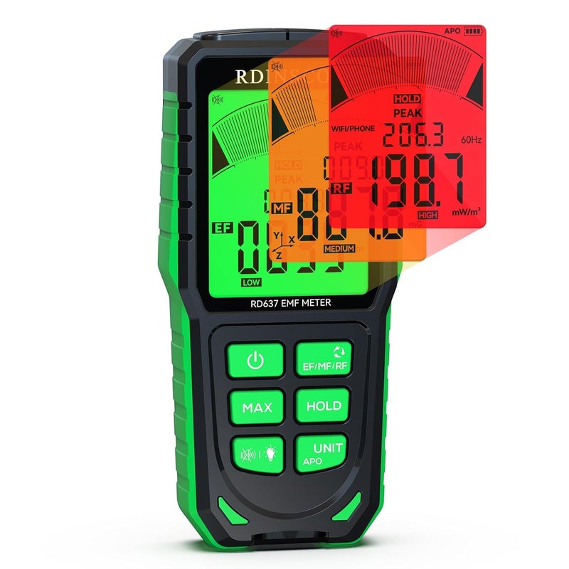 جهاز كشف المجالات الكهرومغناطيسية (EMF Detector)، يقوم بالكشف عن جميع أنواع الإشعاعات الكهرومغناطيسية الثلاثة في جهاز قياس المجالات الكهرومغناطيسية الواحد، ويناسب استخدامات شبكات 5G وأبراج الخلايا وشبكات الواي فاي والعدادات الذكية، كما يُعد قارئًا للمجالات الكهرومغناطيسية لأجهزة البحث عن الأشباح في المنازل والمكاتب (RD637). - Image 1