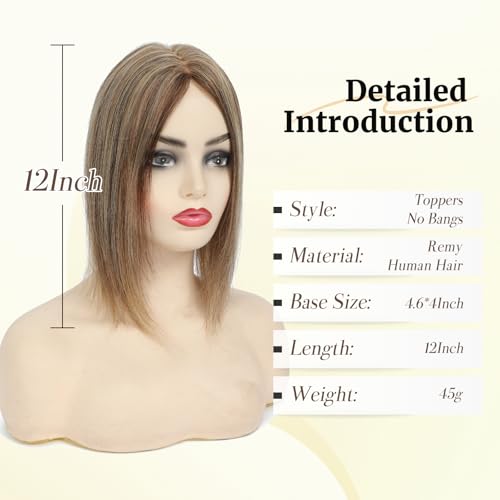 meralona Hair Toppers for Women Real Human Hair 12 Inch Upgrade Mono Base 46x4 Inch Human Toppers for Women with Thinning No Bangs for Add VolumeMedium Brown and Honey Blonde Mix - Image 3