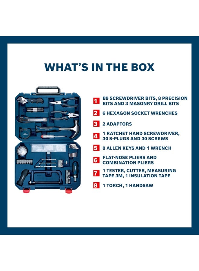بوش BOSCH ‎ All-in-One Hand Tool Kit, 108 Pieces, Rachet Screwdriver & Allen Key, Multiple Drill Bits, Additional Performance Tool, Blue, Hard Case - Image 3